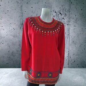 DL Mckelvey sweater red wool pullover faux pearl detail indian style size L